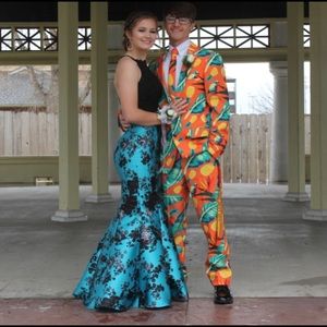 Black and blue floral two piece prom dress